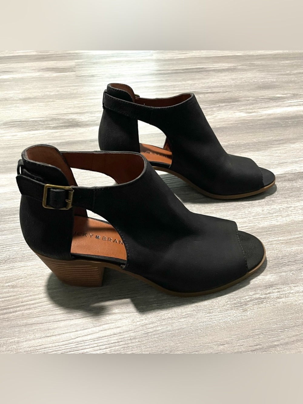 Lucky Brand NEW Black Leather Open Toe Boot Shoes Stacked Heels Women Sz 10M